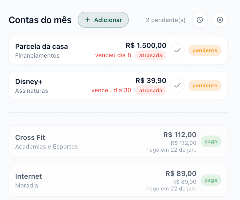 Contas do mês - Lista de contas e pagamentos